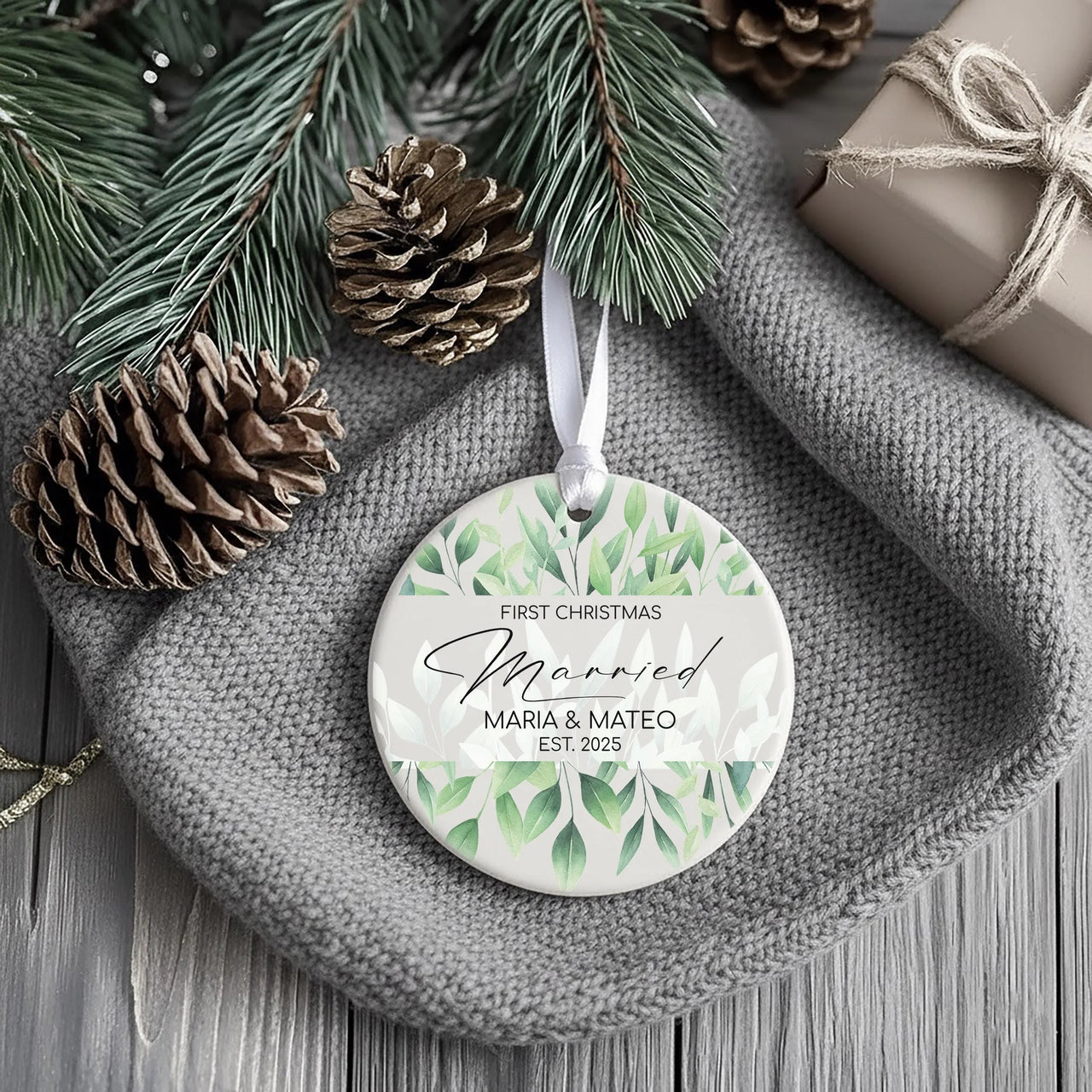 First Christmas Married Ornament - Leafy Keepsake with Names & Year for Newlyweds