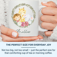 Personalised Baby Name Mug – Safari Animals with Floral Leaf Wreath – New Mum, Baby Shower and Christening Gift