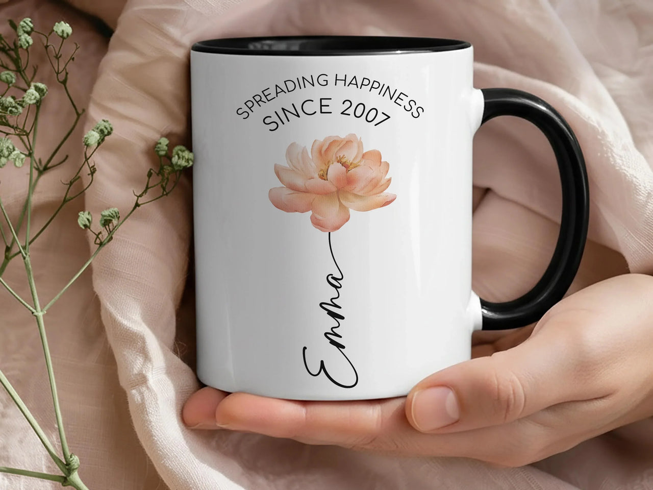 Personalised Birth Year Mug – Custom Name Floral Watercolour Coffee Cup Gift