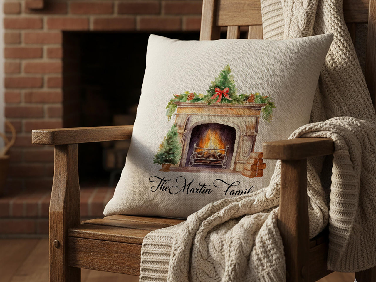 Personalised Family Christmas Cushion - Cosy Fireplace Design with Family Name