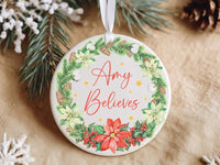 Christmas Believes Ornament - Poinsettia Wreath Keepsake with Name