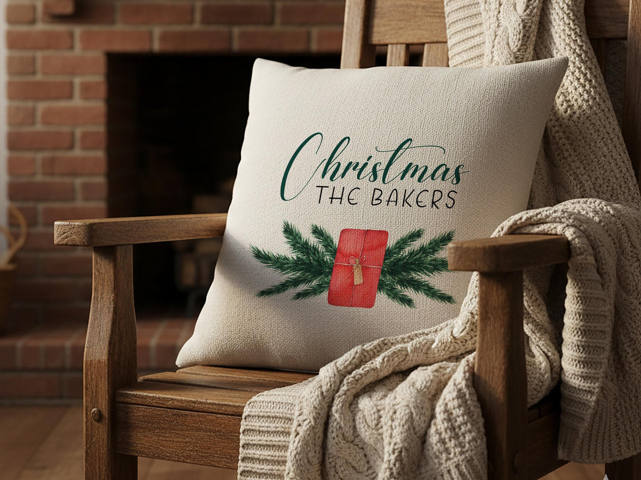 Personalised Family Christmas Cushion - Pine & Gift Design with Family Name