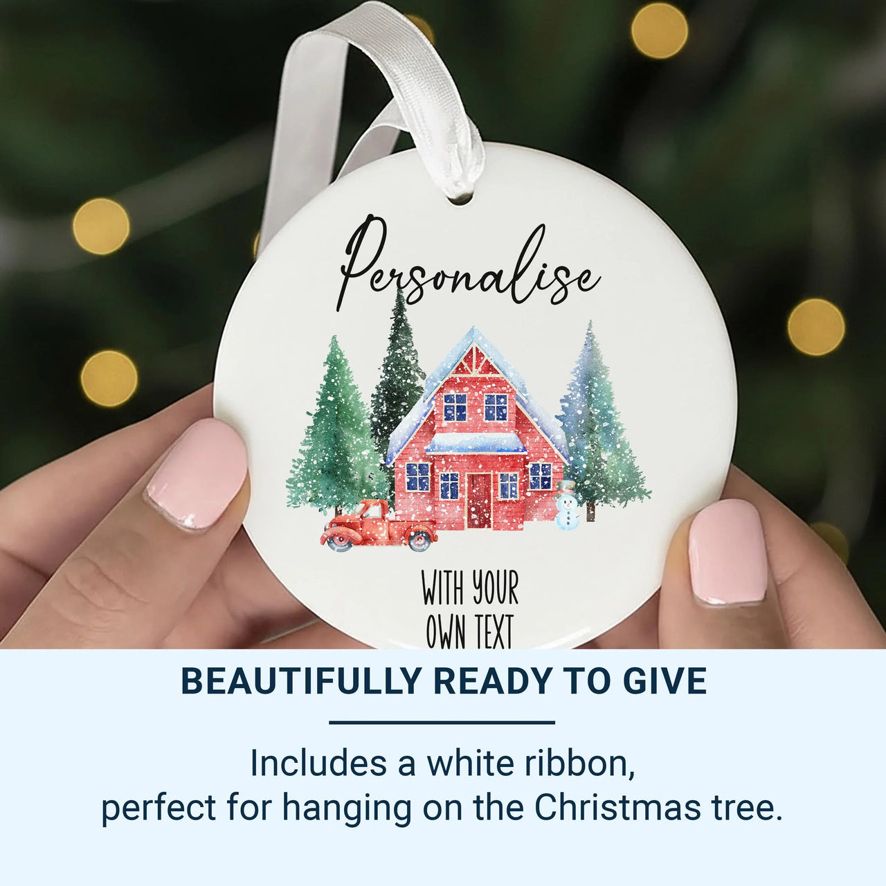 Customisable Ceramic Bauble Ornament - Personalised Text - Festive Xmas House Design - Perfect for a Unique Christmas Decoration