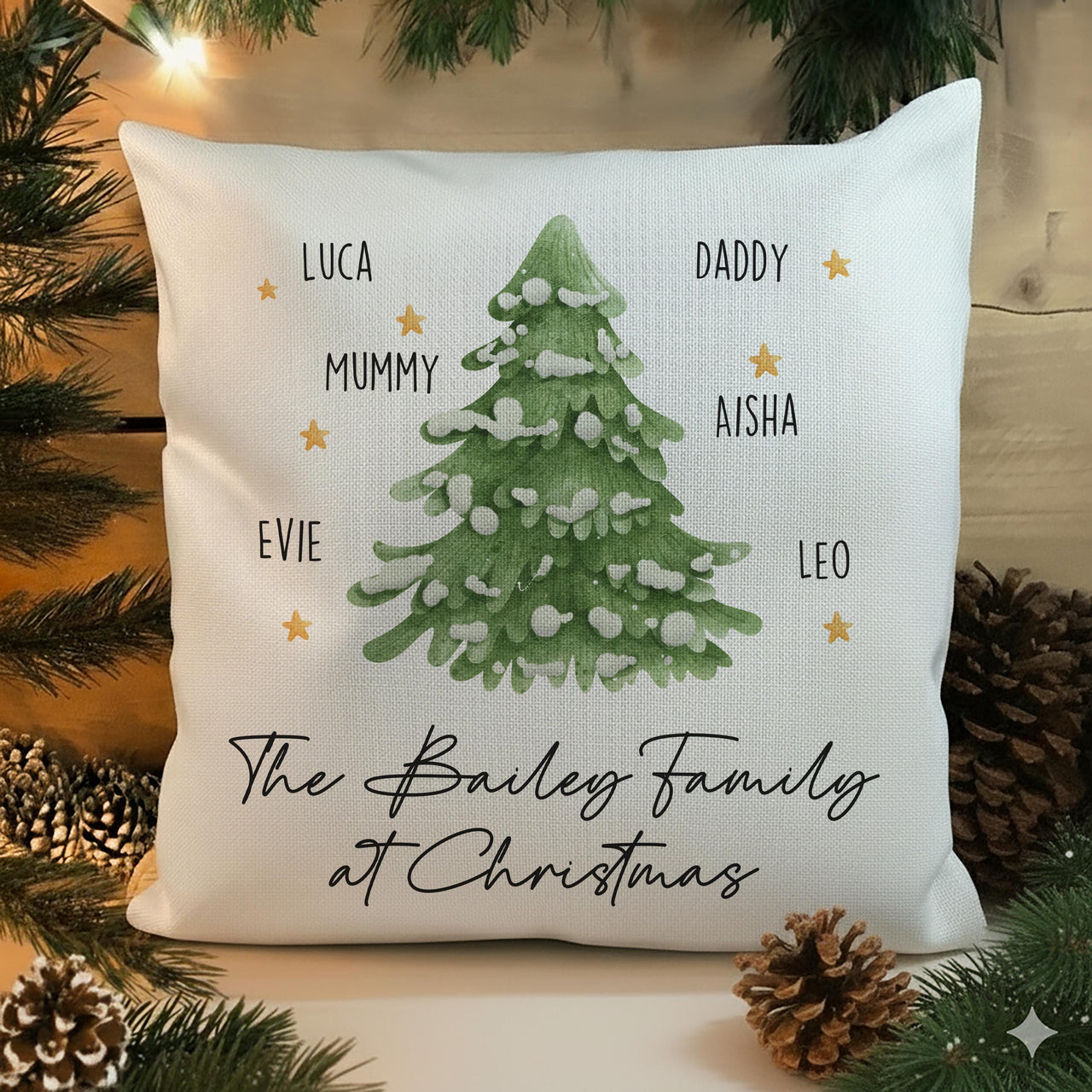 Personalised Family Christmas Tree Cushion - Festive Holiday Keepsake with All Your Names