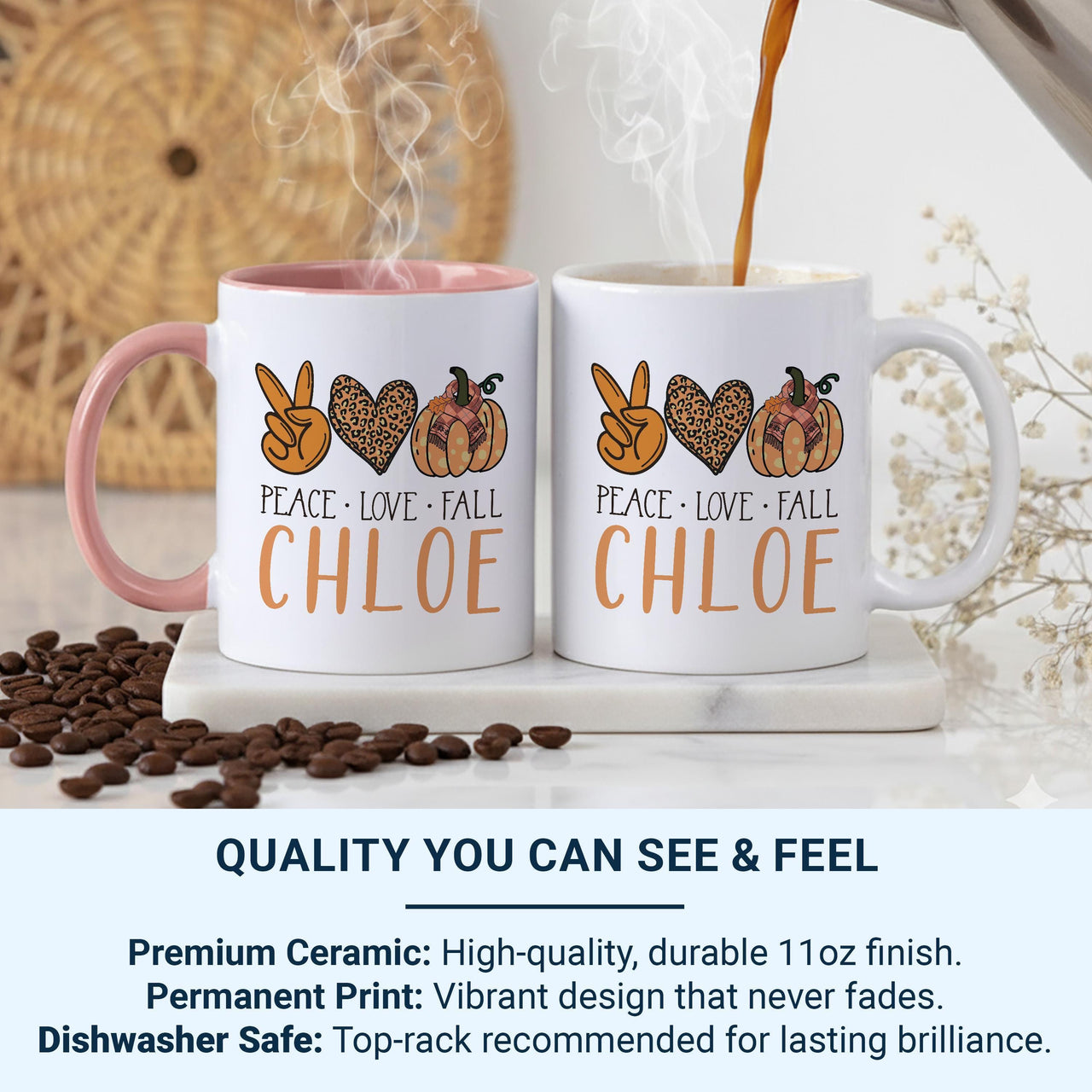 Peace Love Fall Personalised Name Mug – Boho Pumpkin, Peace Sign and Heart – Autumn Vibes Gift for Cosy Season Lovers