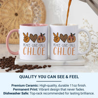 Peace Love Fall Personalised Name Mug – Boho Pumpkin, Peace Sign and Heart – Autumn Vibes Gift for Cosy Season Lovers