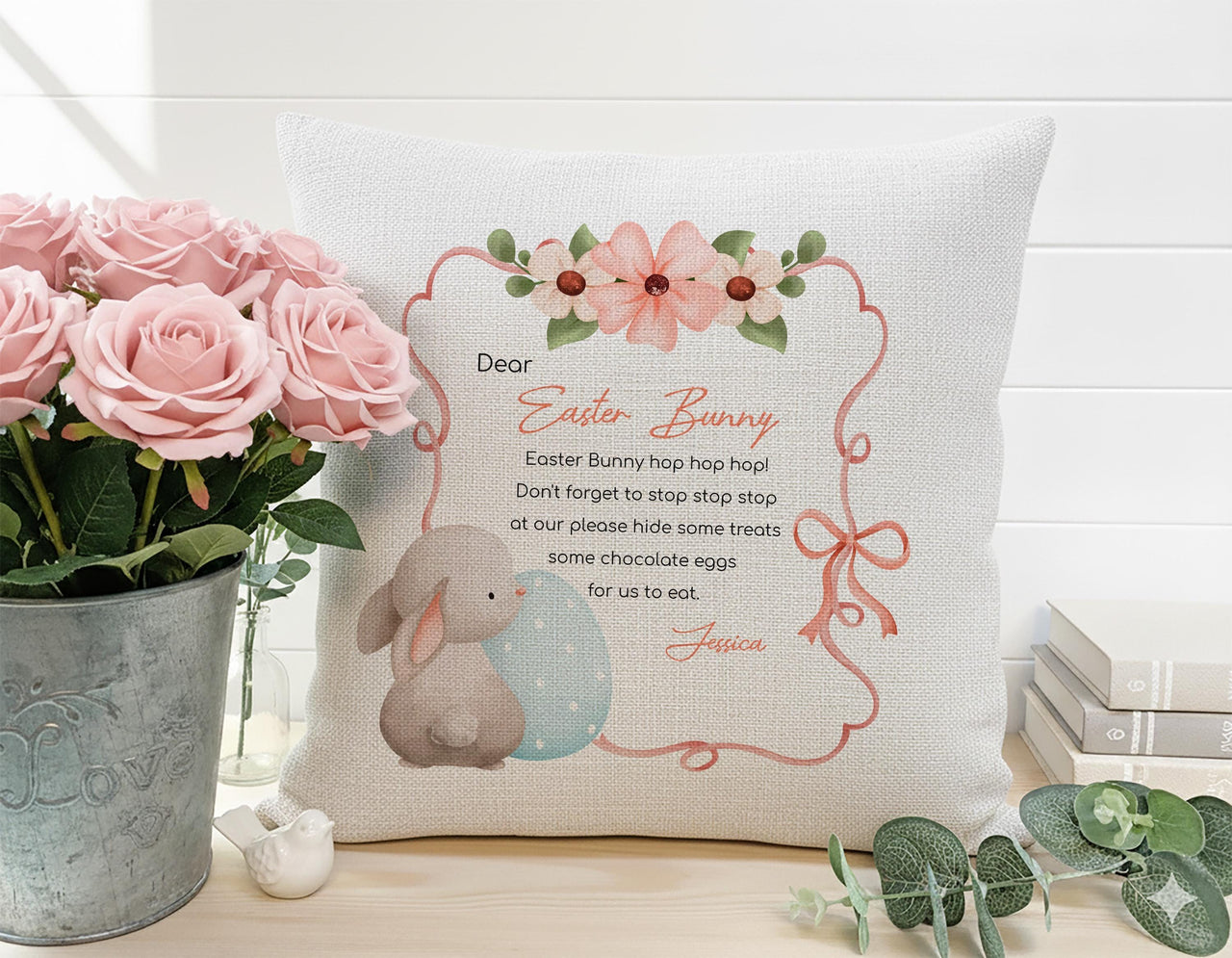Personalised Easter Bunny Letter Cushion with Flowers - Cute Spring Poem Keepsake for Kids