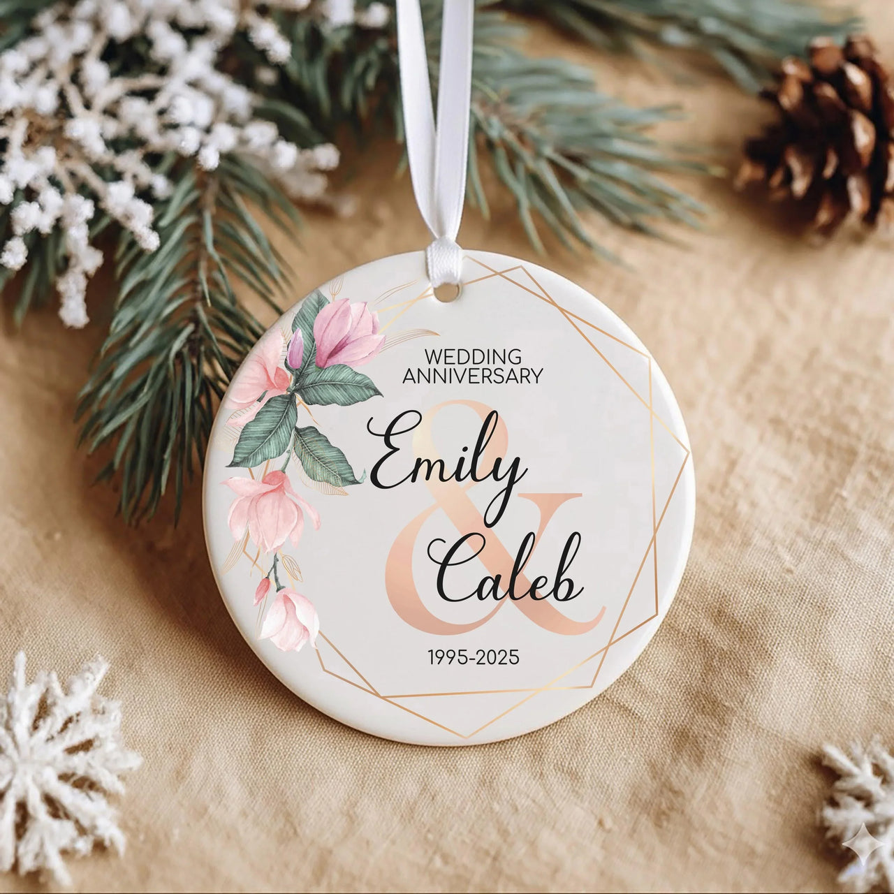 Wedding Anniversary Ornament - Floral Keepsake with Years for Couples Celebration