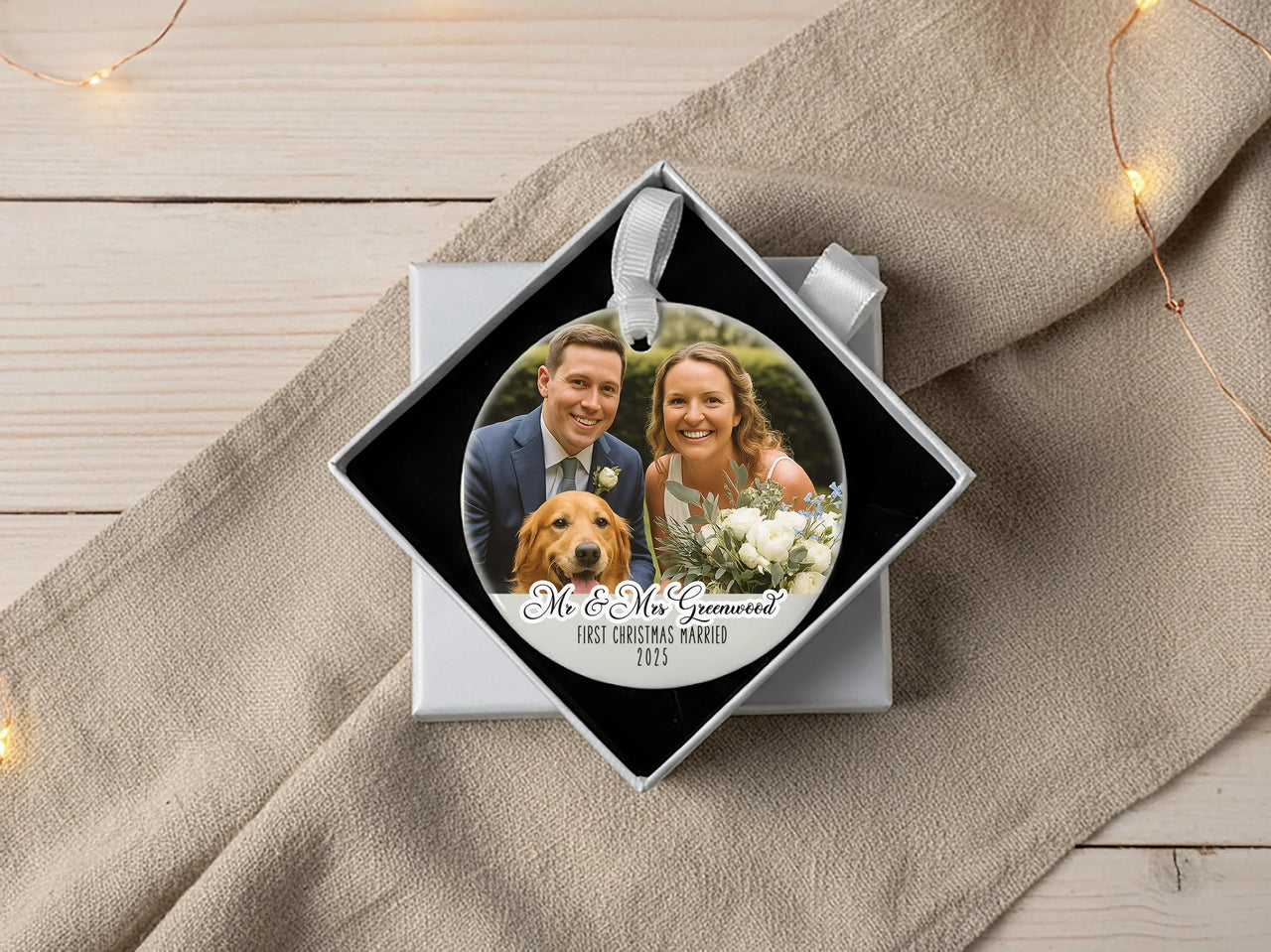 First Christmas Married Photo Ornament - Mr and Mrs Ceramic Bauble - Perfect 1st Xmas Couple Present - Unique Christmas Gift for Newlyweds