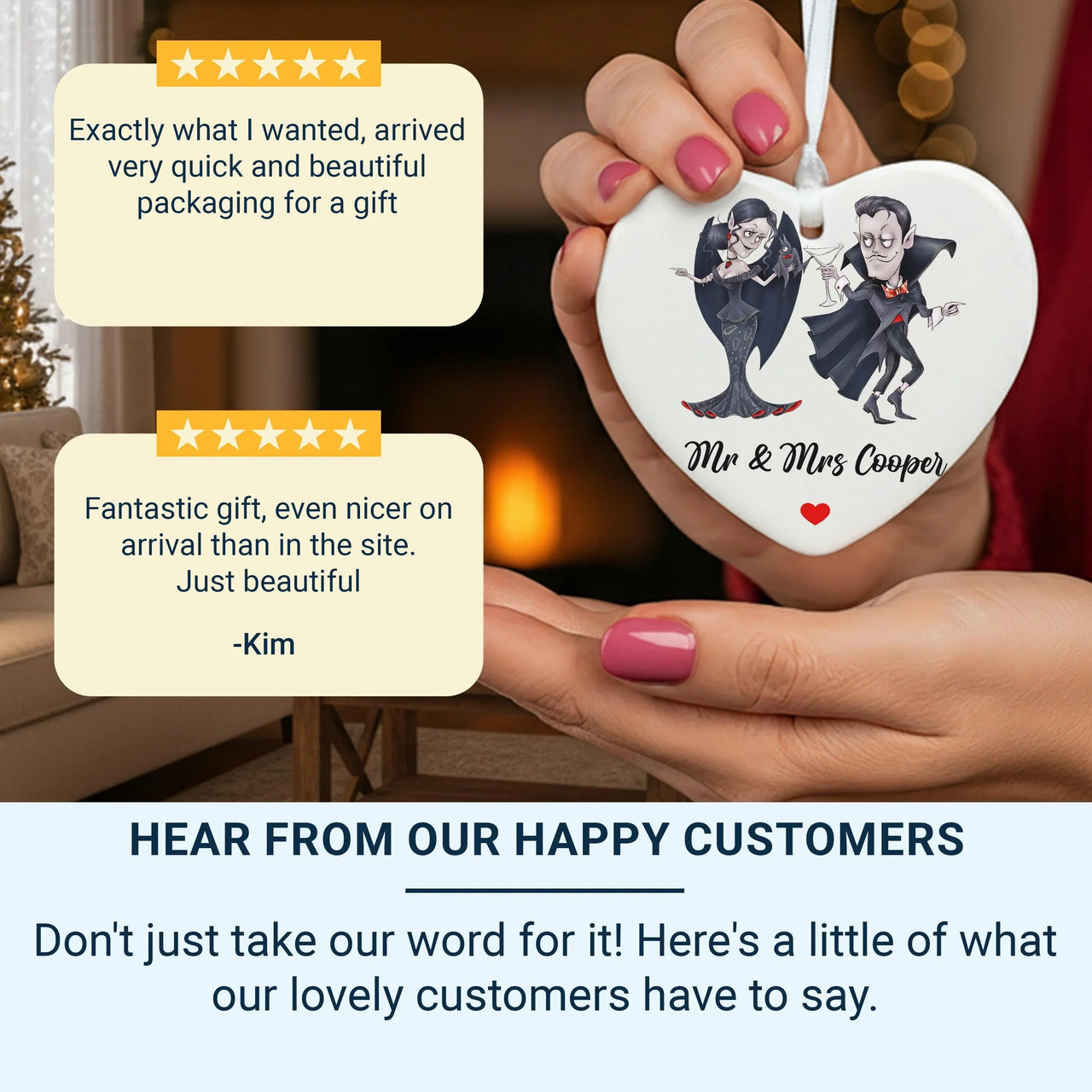 Vampire Couple Heart Ornament - Playful Mr & Mrs Keepsake with Names for Fun Love