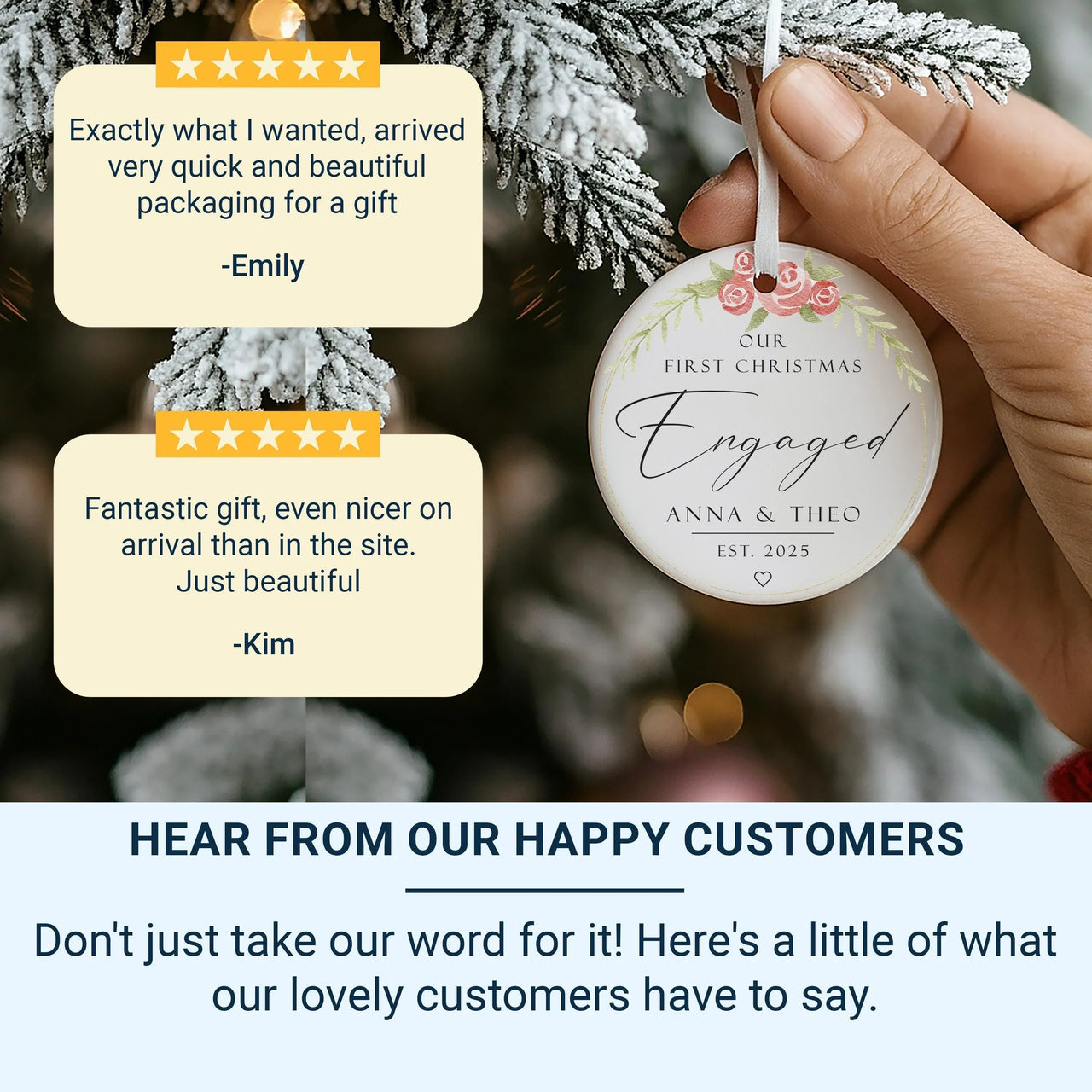 First Christmas Engaged Ornament - Floral Keepsake with Names & Date for Couples