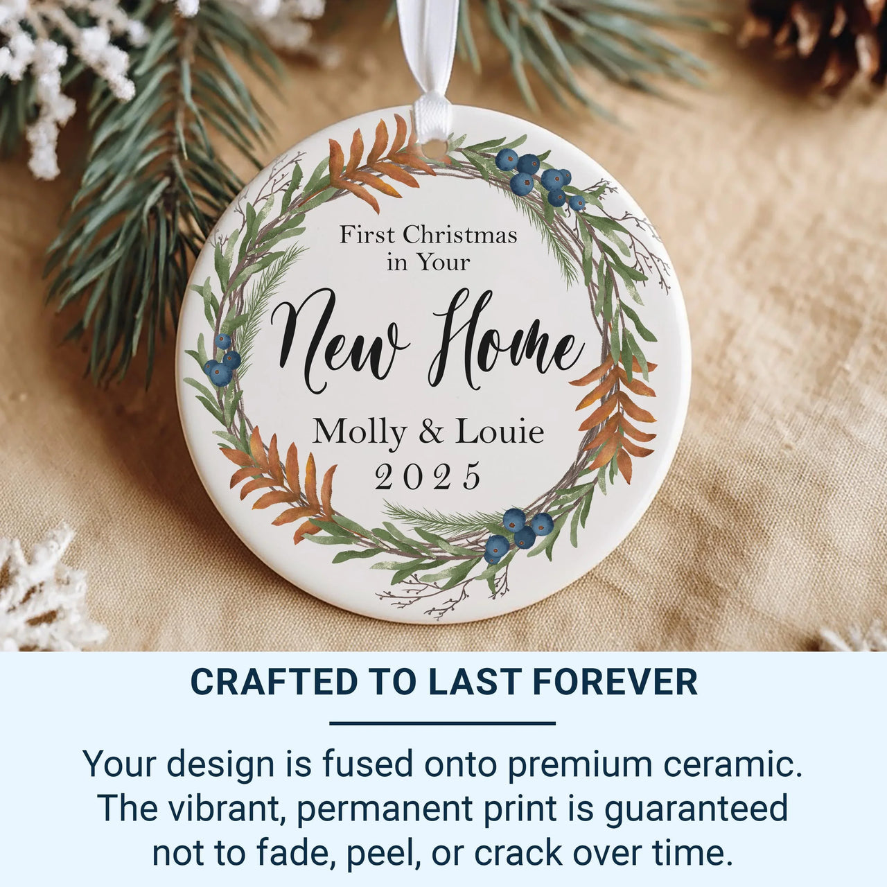 New Home Floral Ornament - First Christmas Keepsake with Wreath & Names for Couples