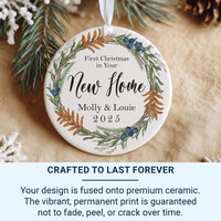 New Home Floral Ornament - First Christmas Keepsake with Wreath & Names for Couples