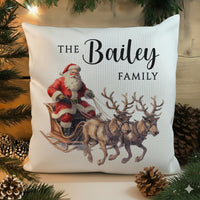 Personalised Family Christmas Cushion - Vintage Santa Sleigh with Family Name