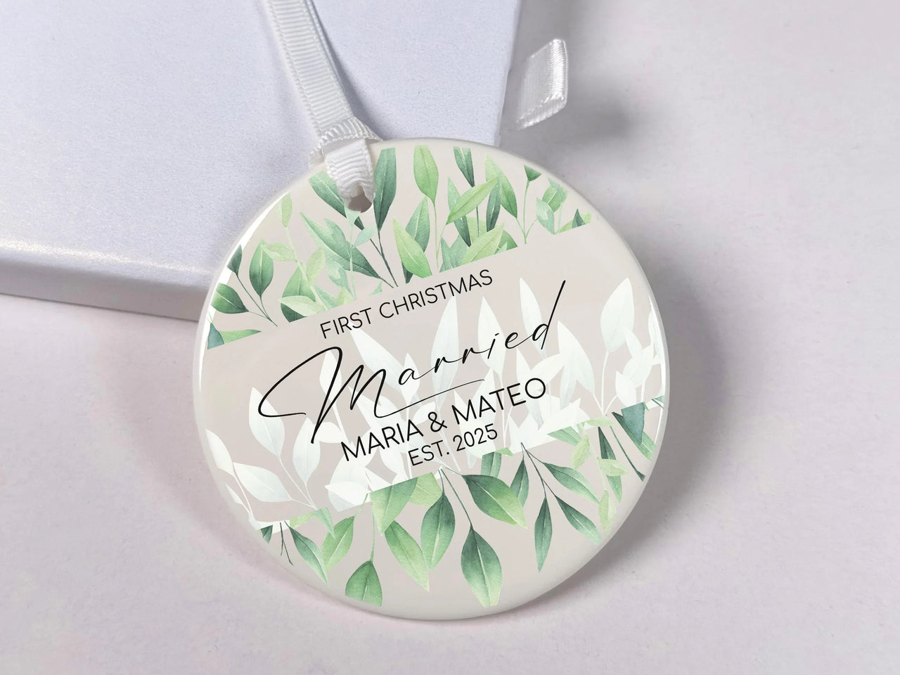First Christmas Married Ornament - Leafy Keepsake with Names & Year for Newlyweds