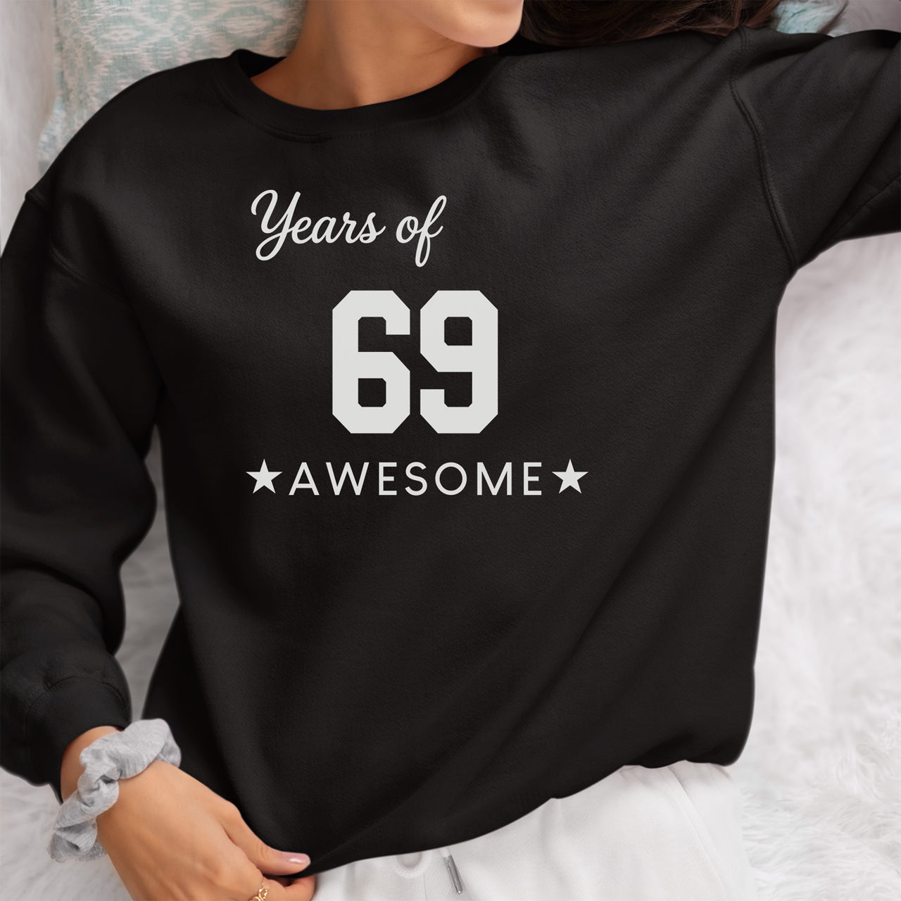 69 Years Of Awesome Iron-On Transfer - Milestone Birthday Design shown on a sweatshirt