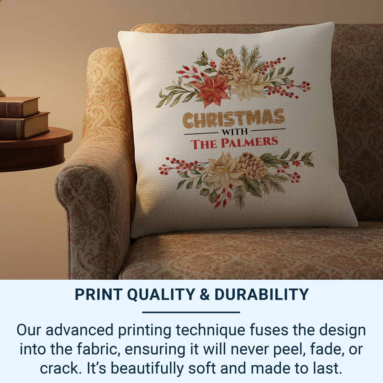Personalised Family Christmas Cushion - Festive Pinecones & Berries with Family Name