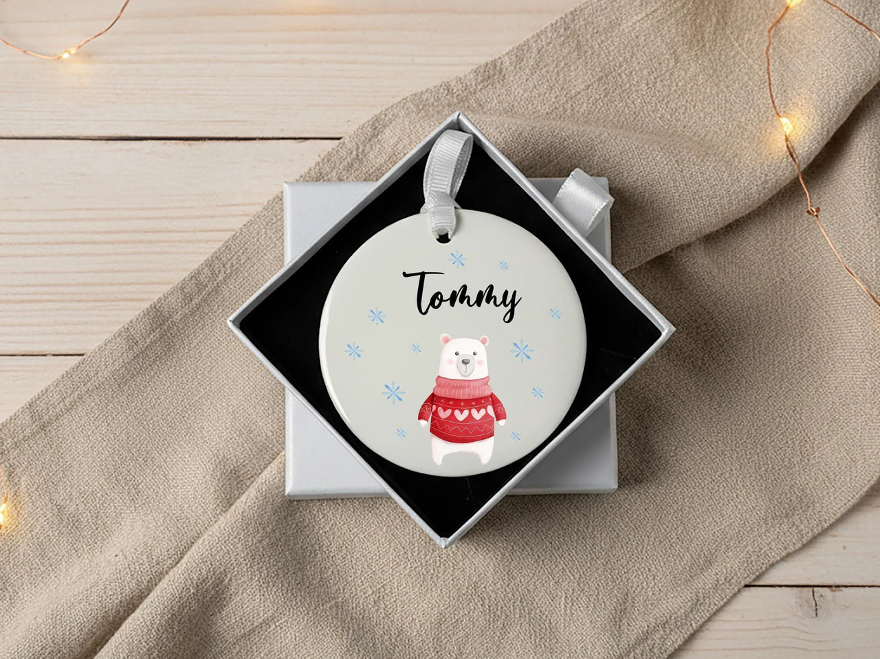 Polar Bear Xmas Ornament - Festive Keepsake in Red Jumper with Name for Kids & Grandchildren