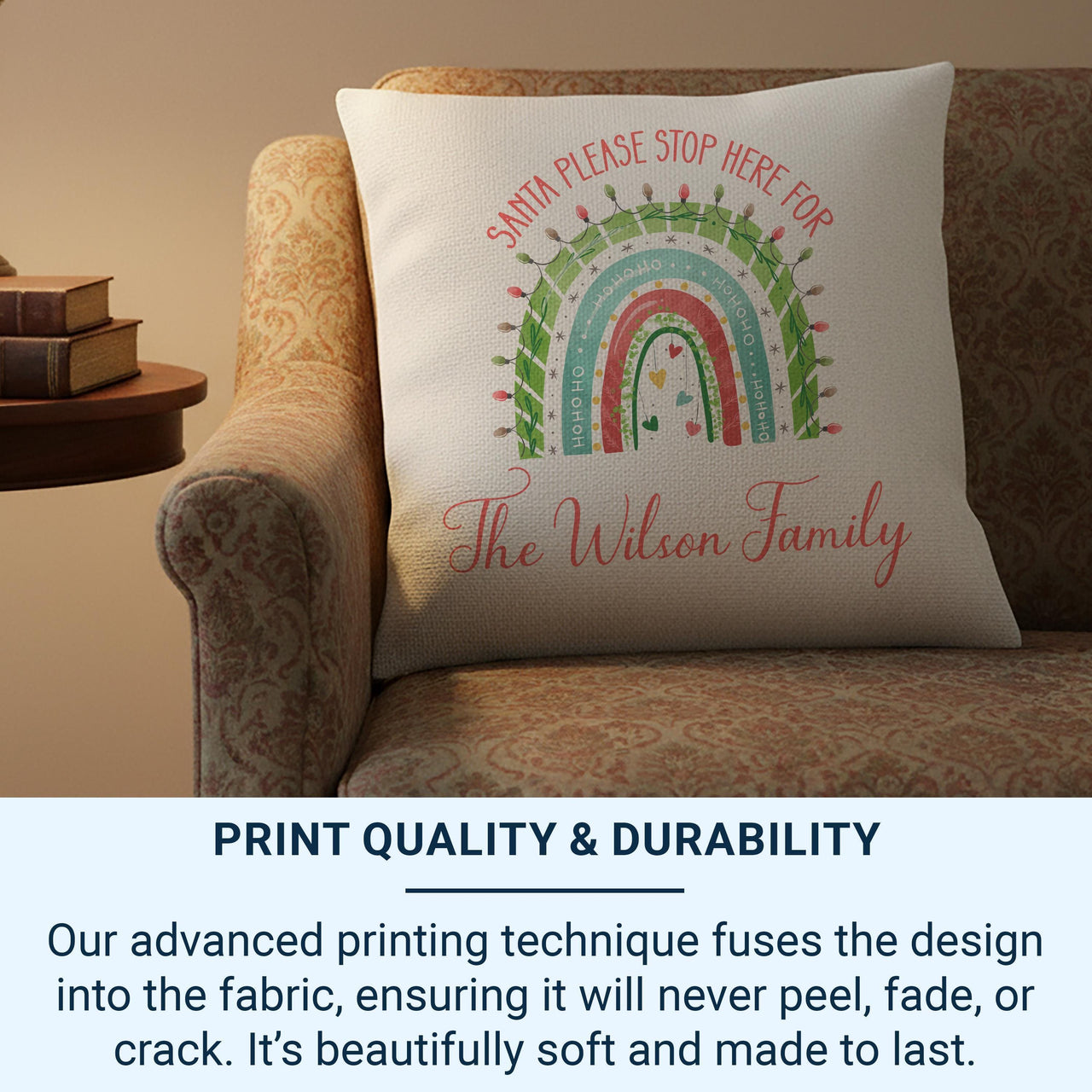 Personalised Rainbow Christmas Cushion - Cheerful Holiday Keepsake with Family Name