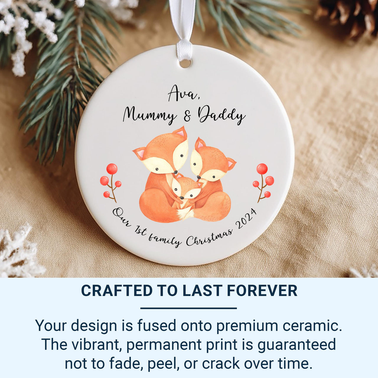 Personalised 1st Family Christmas Ornament - Adorable Trio Foxes Design - Xmas Keepsake - Christmas Eve Box Filler - Holiday Gift for Family