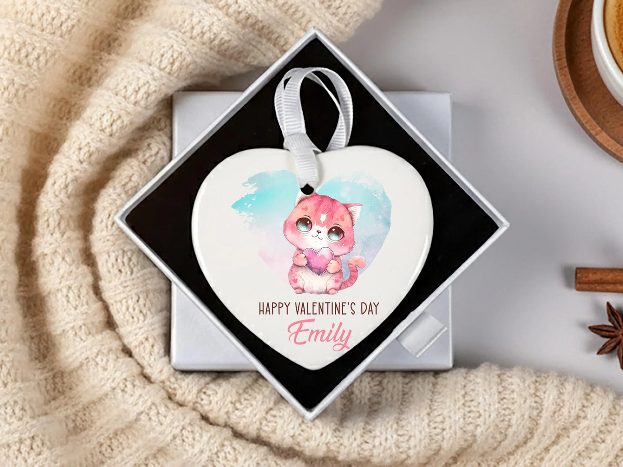 Valentine Kitten Heart Ornament - Playful Keepsake with Name for Cat Lovers DENMARY