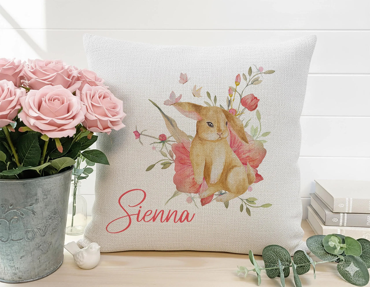 Personalised Bunny Cushion | Custom Name Cushion - Watercolour Flower Pillow