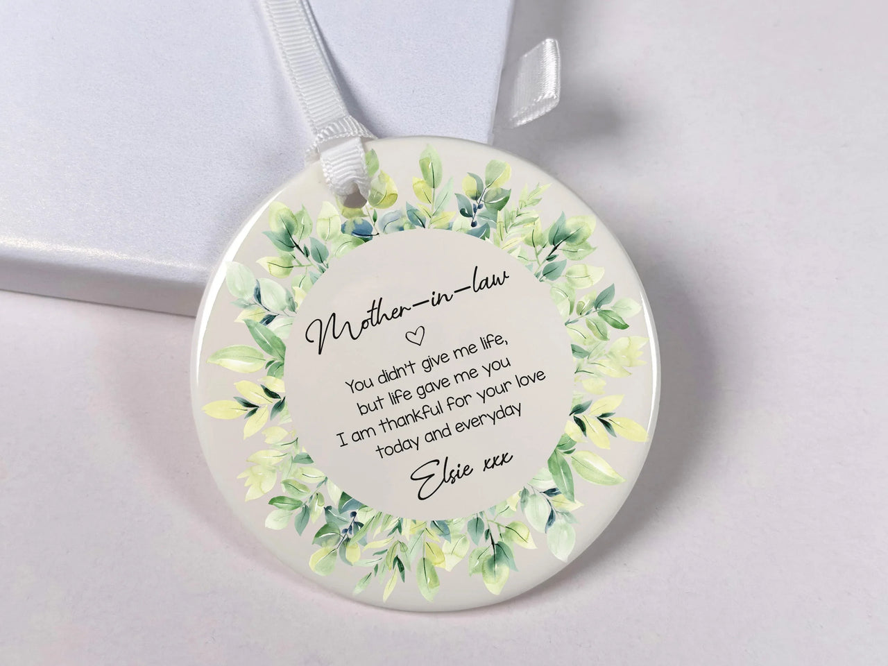 Mother-in-Law Quote Ornament - Leafy Wreath Keepsake with Name & Message