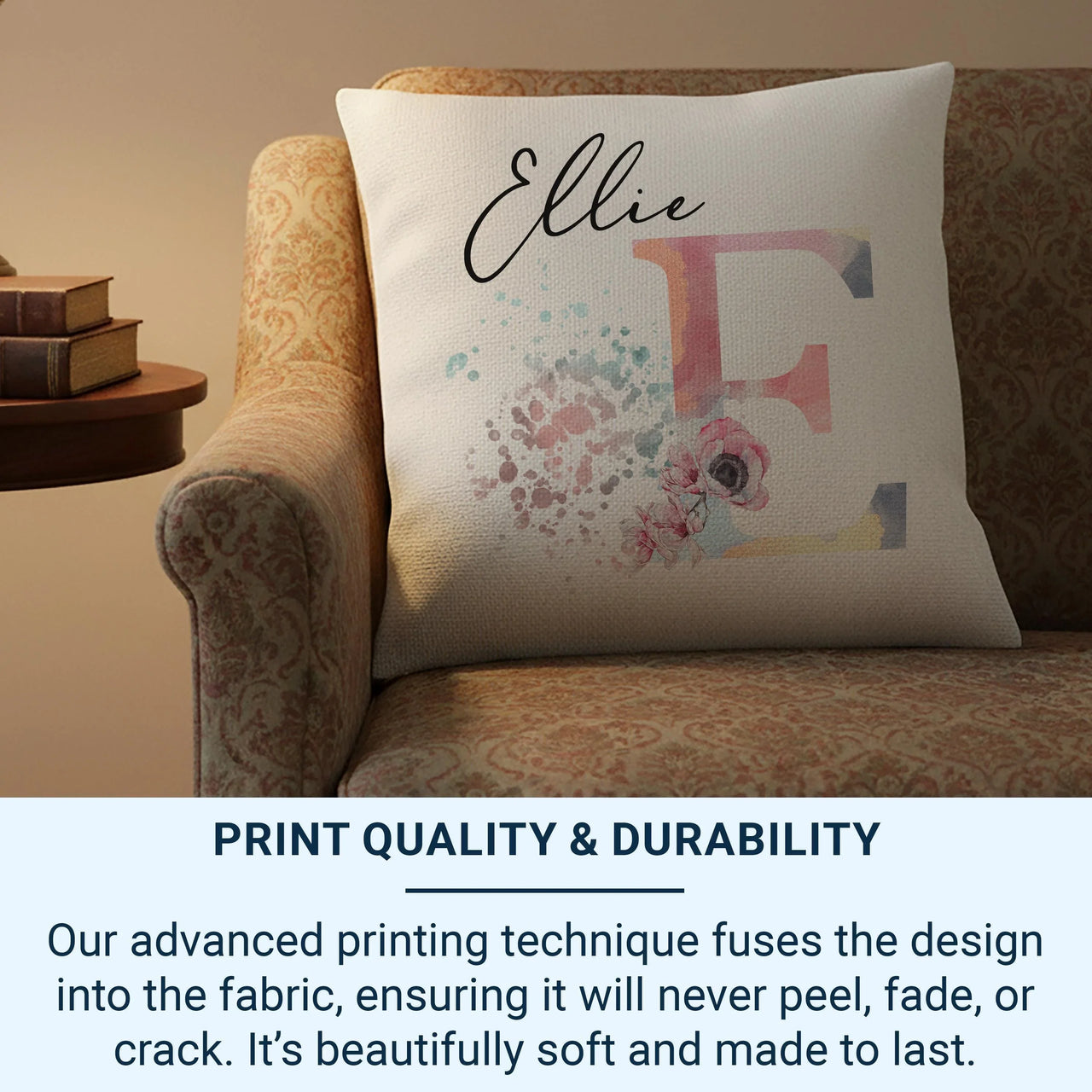 Personalised Name Cushion – Custom Initial Cushion | Floral Nursery Decoration 45x45 cm