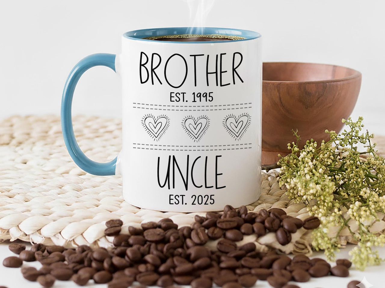 Brother to Uncle Mug - EST. Dates Personalised with Heart Icons - New Uncle and Pregnancy Reveal Gift