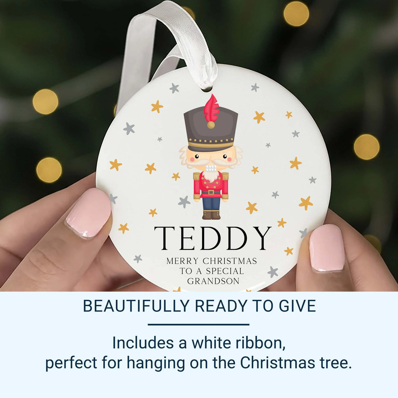 Personalised Christmas Nutcracker Round Ceramic Ornament, Christmas Tree Decoration, Custom Xmas Hanging Bauble, Gift for Kids, Baby Boy