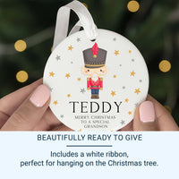 Personalised Christmas Nutcracker Round Ceramic Ornament, Christmas Tree Decoration, Custom Xmas Hanging Bauble, Gift for Kids, Baby Boy
