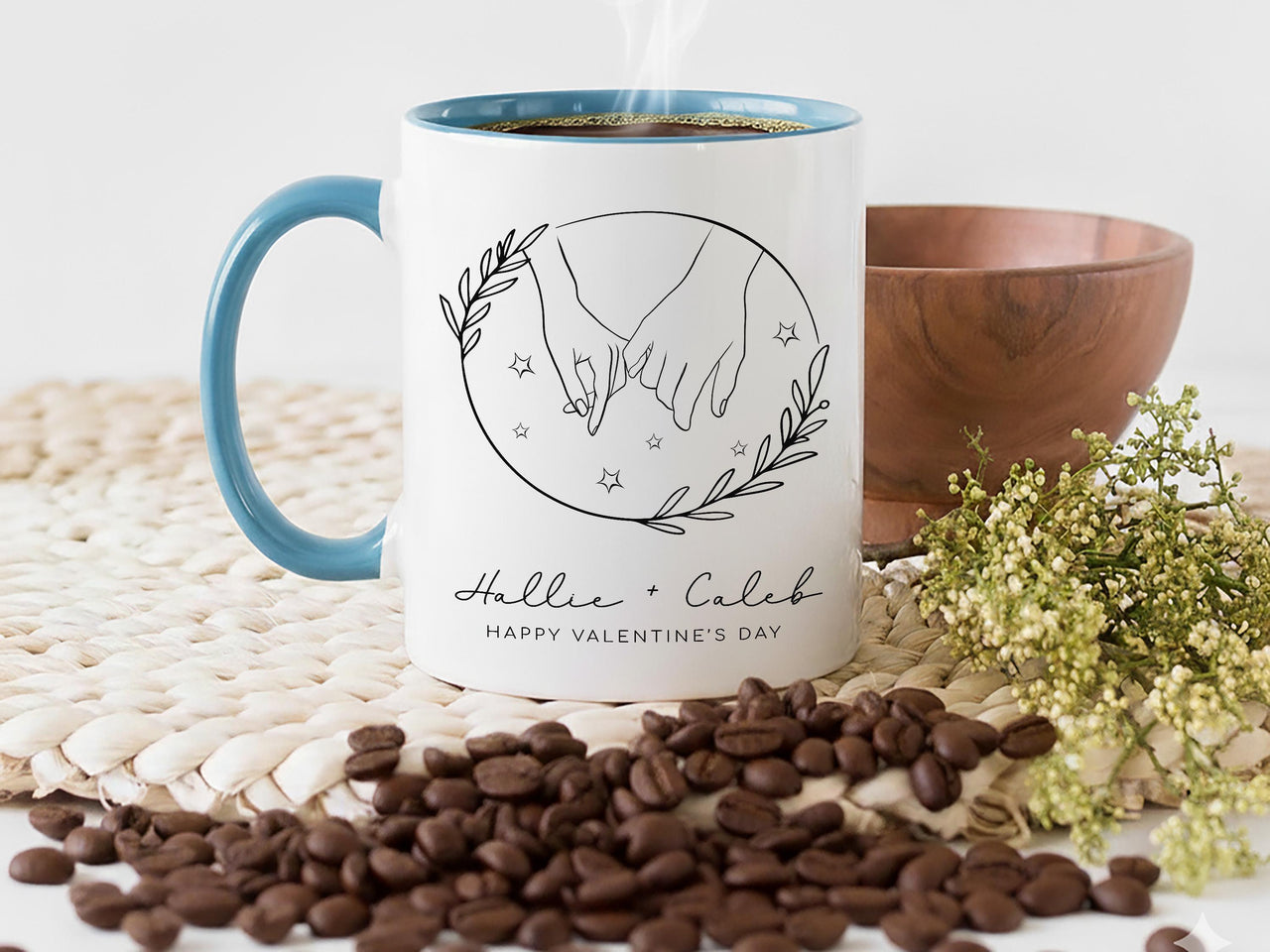 Happy Valentine’s Day Mug – Personalised Couple Names with Starry Hands Motif – Romantic Anniversary and Engagement Gift