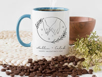Happy Valentine’s Day Mug – Personalised Couple Names with Starry Hands Motif – Romantic Anniversary and Engagement Gift