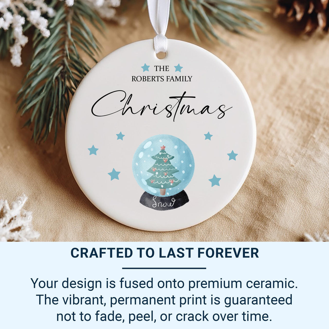 Family Tree Ornament - Blue Watercolour Keepsake with Surname & Year for Christmas