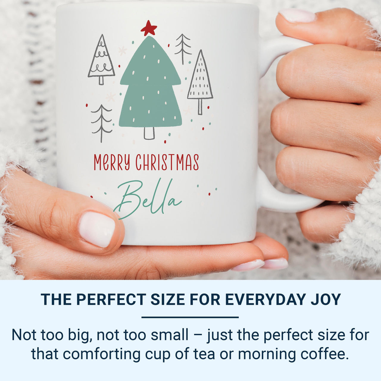 Merry Christmas Personalised Name Mug – Festive Tree Design – Holiday Morning Brew for Stockings, Secret Santa and Family Gifts