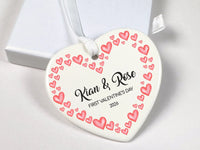First Valentine Heart Ornament - Pink & Red Keepsake with Names and Date for Couples