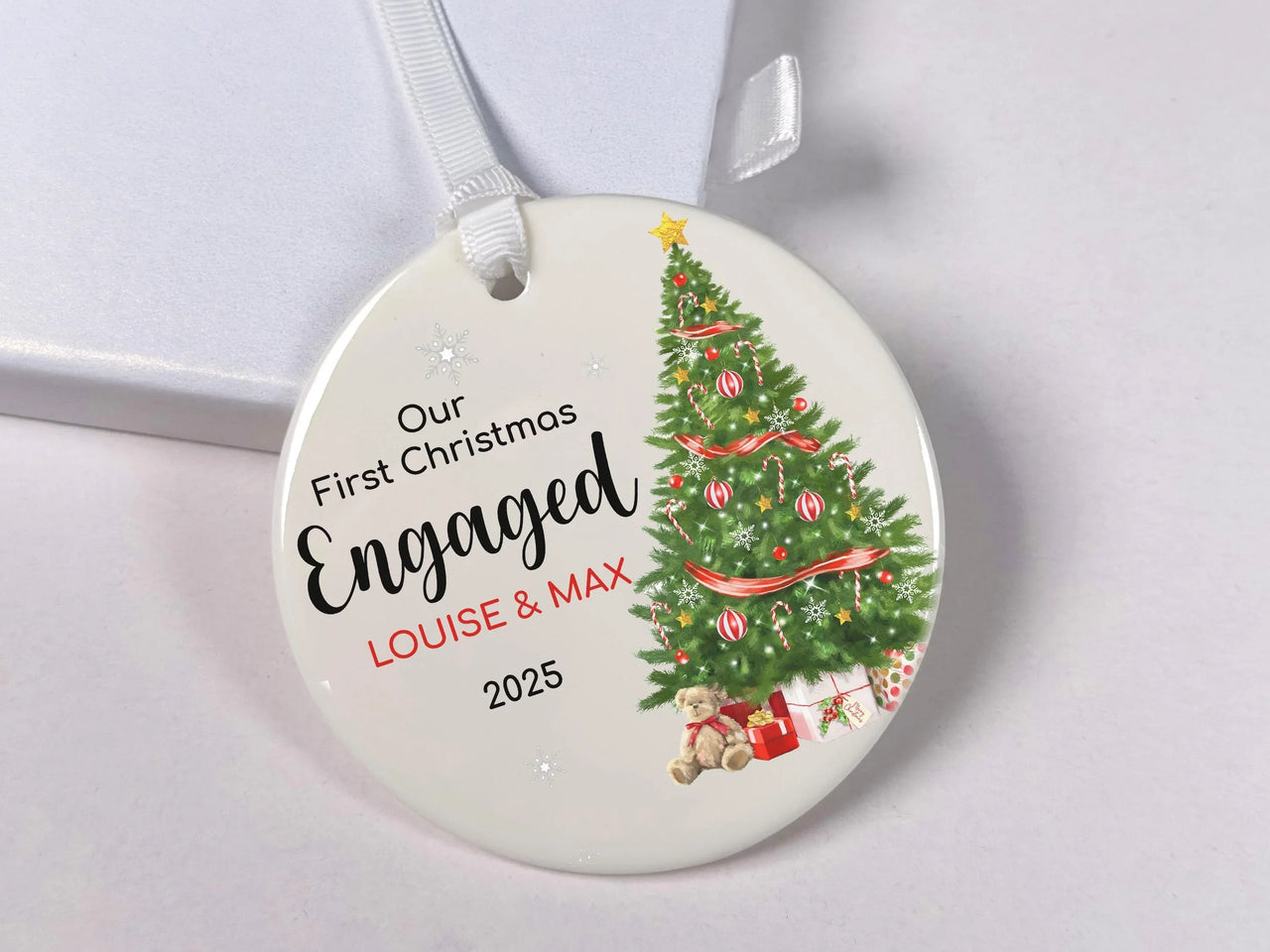 First Christmas Engaged Ornament - Tree & Gifts Keepsake with Names for 2025