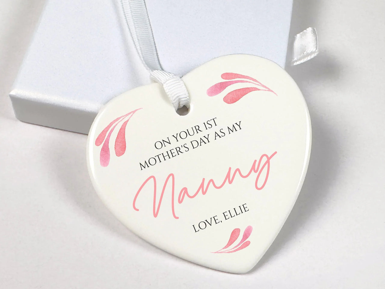 Nanny First Mother's Day Ornament – Heart Shaped Keepsake with Custom Name & Floral Decor