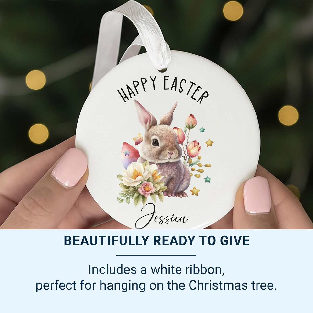 Bunny Easter Ornament - Watercolour Keepsake with Flowers & Name for Children