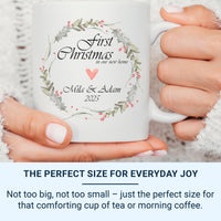 First Christmas in Our New Home Mug – Personalised Names, Year and Wreath – Couple’s Housewarming and Festive Keepsake
