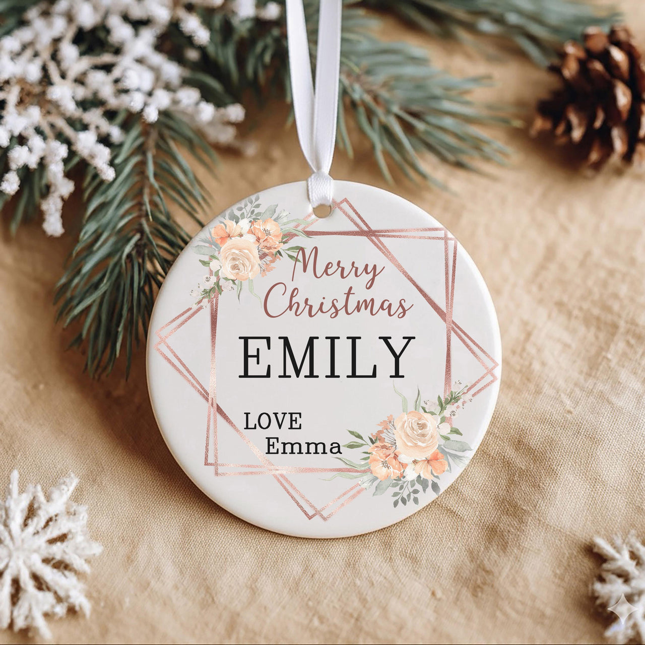 Floral Xmas Ornament - Elegant Keepsake with Names for Couples, Friends & Family Gifting