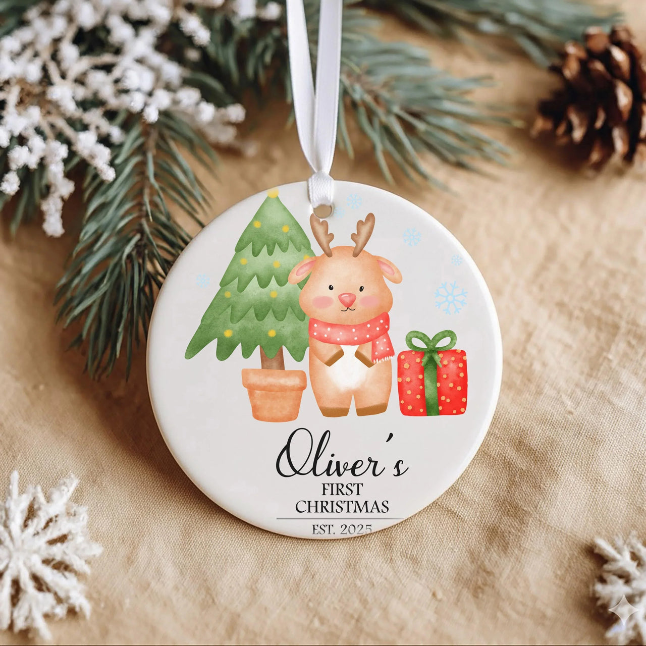 Reindeer Baby Ornament - First Christmas Keepsake with Name & Year for Newborns