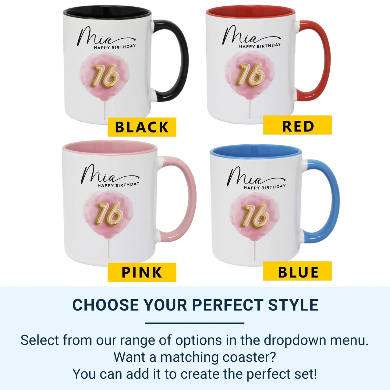 16th Birthday Mug – Personalised Cotton Candy Ceramic Cup with Balloon 16 Keepsake
