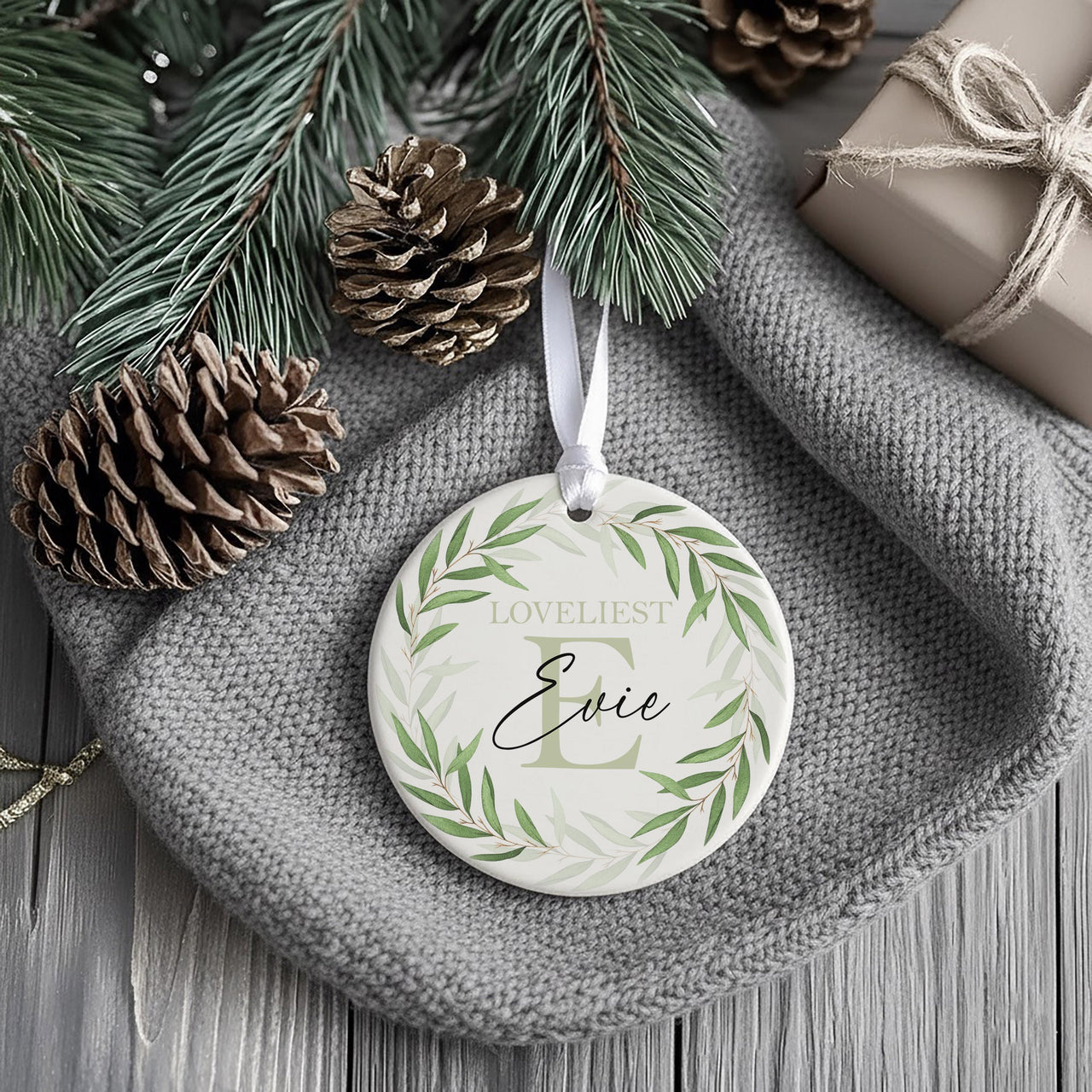 Leafy Wreath Ornament - Elegant Name Keepsake for Family Tree & Milestone Celebrations
