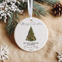 Personalised First Christmas Married Ceramic Ornament with Xmas Tree Design, Mr and Mrs Round Decoration, Minimalist Bauble, Just Married