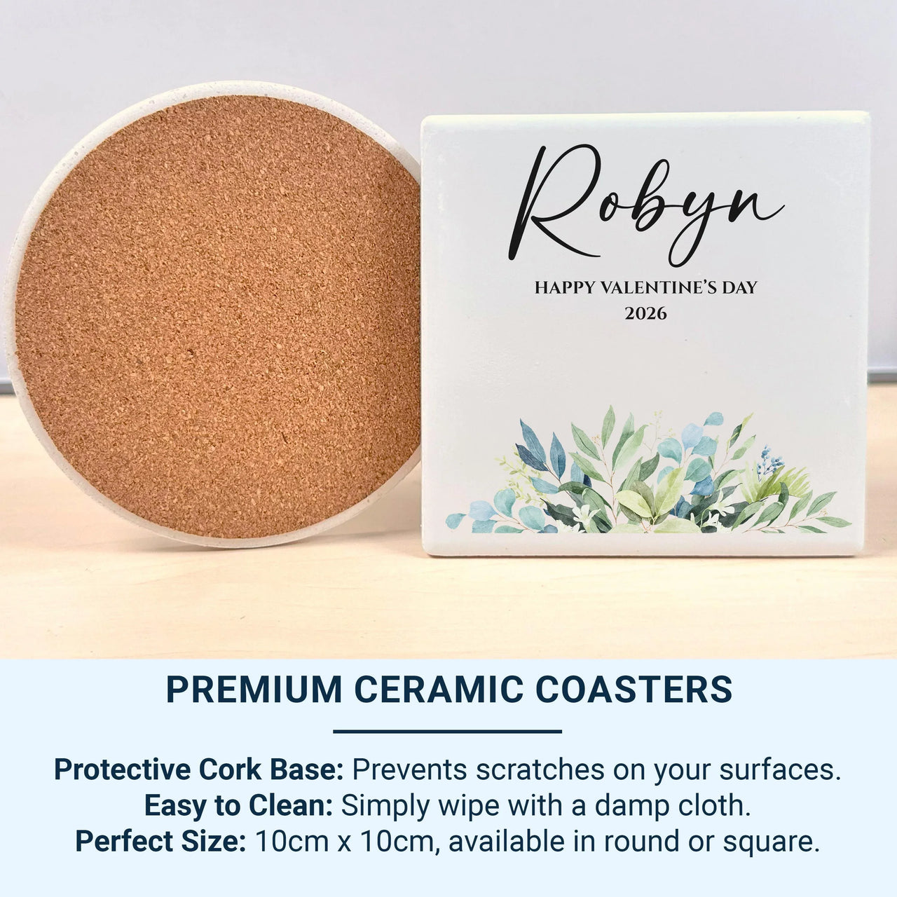 Happy Valentine’s Day 2026 Mug – Personalised Name and Watercolour Leaves – Romantic Couples Gift for Morning Coffee Rituals