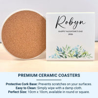 Happy Valentine’s Day 2026 Mug – Personalised Name and Watercolour Leaves – Romantic Couples Gift for Morning Coffee Rituals