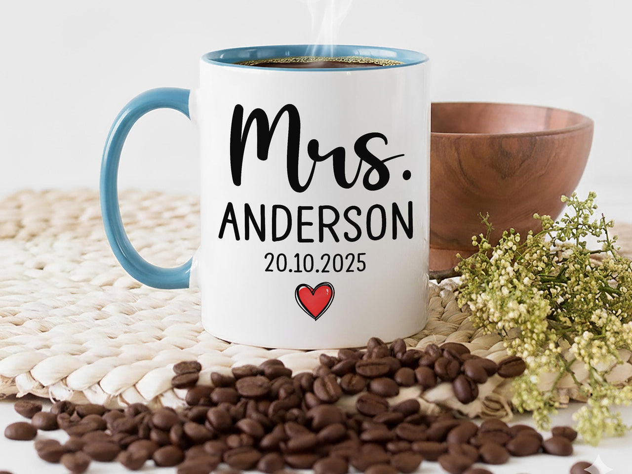 Mrs Mug Personalised with Surname and Wedding Date – Elegant Script with Red Heart – Bride Keepsake Gift