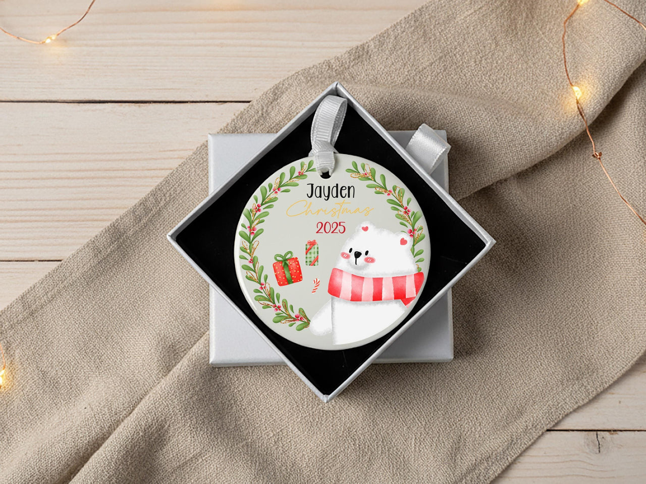 White Bear Xmas Ornament - Baby's First Christmas Keepsake with Name & Year for Family Tree