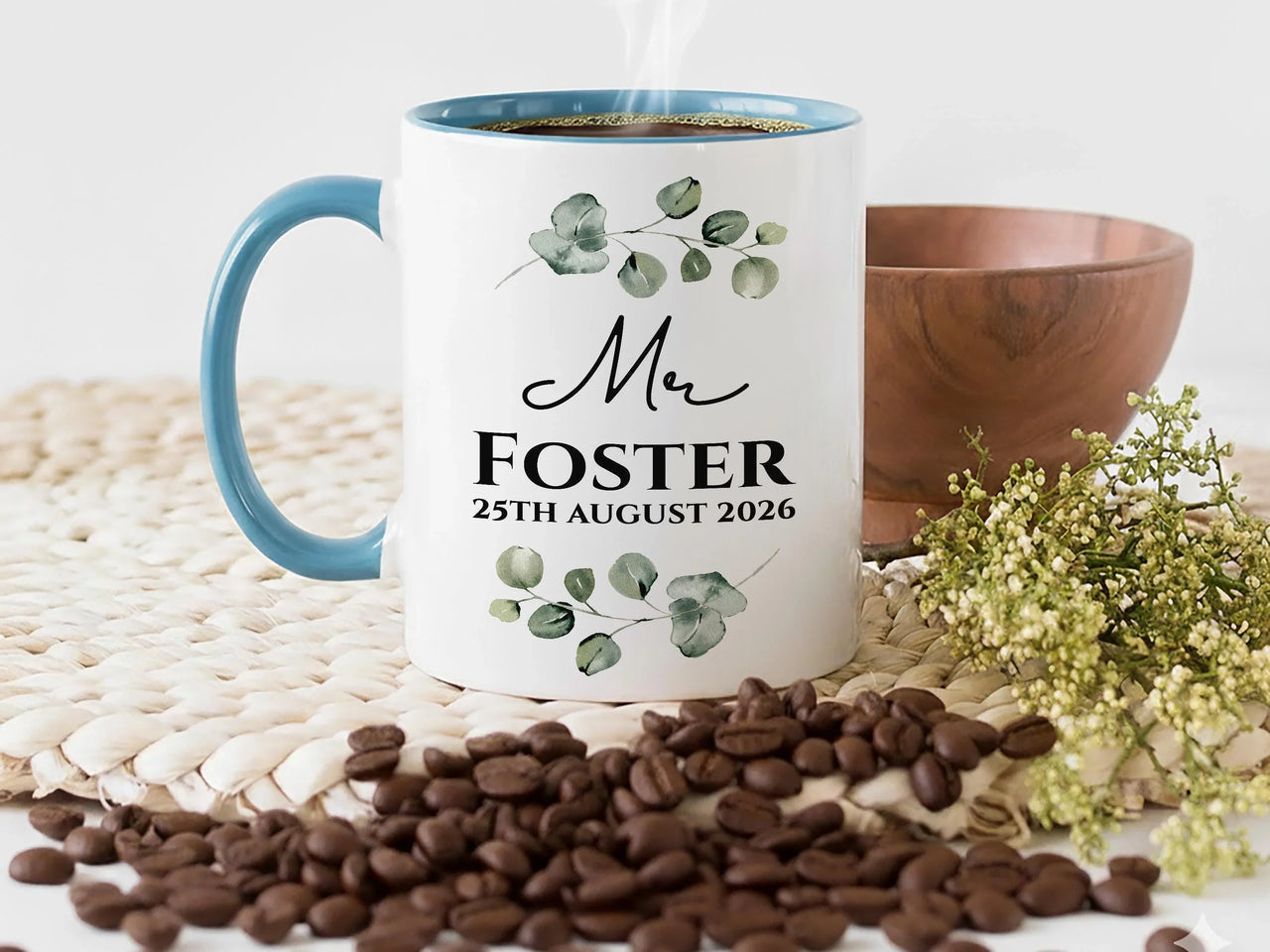 Mr Wedding Date Mug – Personalised Surname and Eucalyptus – Groom Gift, Newlywed Keepsake and Wedding Morning Brew